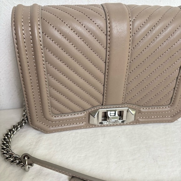 REBECCA MINKOFF Chevron Quilted Small Love Crossbody Leather Bag Taupe Sandrift - Picture 5 of 17